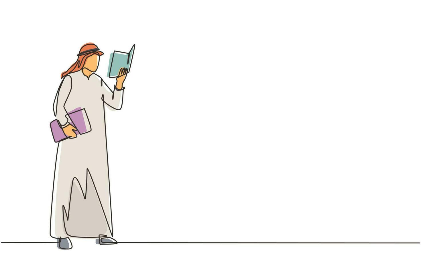 dibujo continuo de una línea joven árabe se para y sostiene un libro en sus manos. chico leyendo un libro. estudiante en la biblioteca. el hombre pasa el tiempo libre leyendo literatura. vector de diseño de dibujo de una sola línea