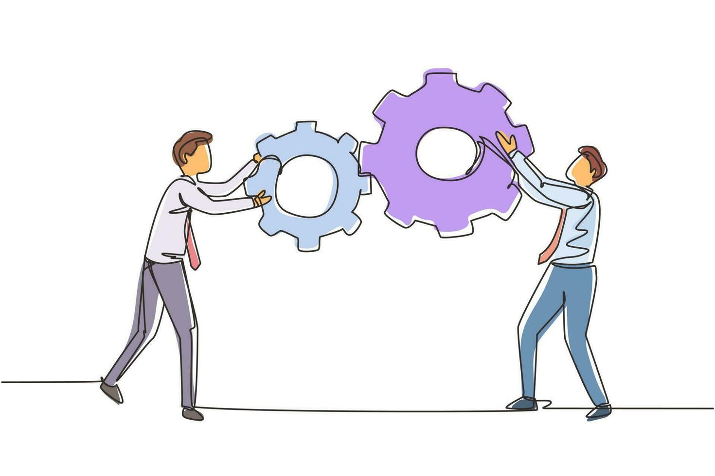 Continuous one line drawing teamwork cooperation in gears mechanism. Two businessmen engaged in business direction to successful. Huge cogwheel machine. Single line draw design vector illustration