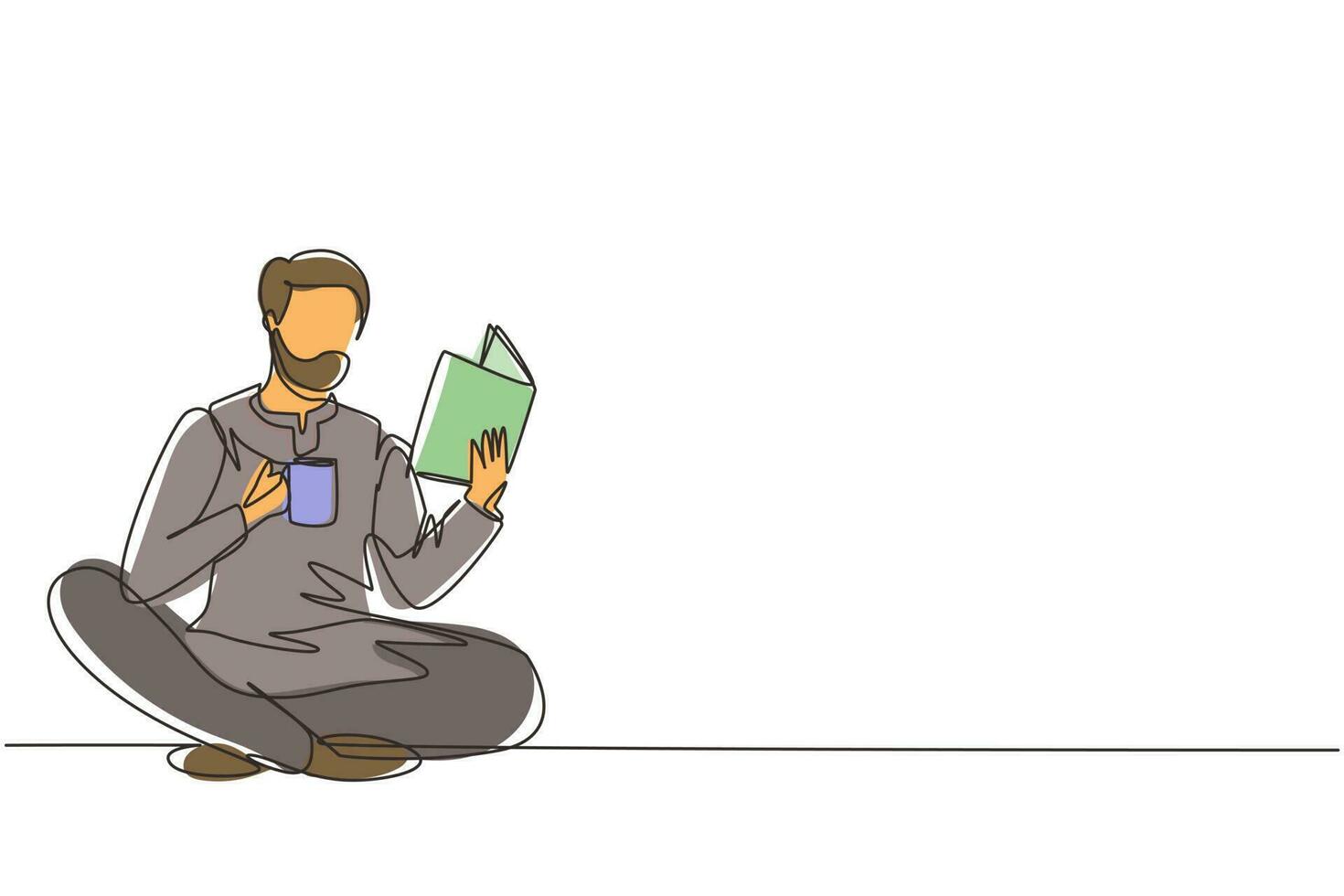 estudiante árabe inteligente de dibujo de una sola línea que se prepara para el examen. hombre estudiando, leyendo libros de texto, bebiendo una taza de café. lector sentado en el suelo, aprendiendo. ilustración de vector de diseño de dibujo de línea continua