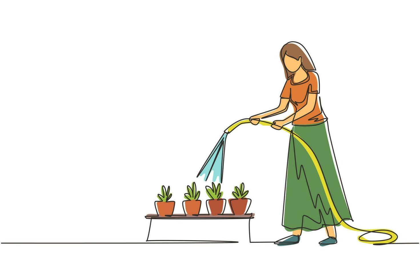 Continuous one line drawing young woman watering potted plants with hose. Gardening, greenhouse, botanical garden, flowers growing, plant nursery concept. Single line draw design vector illustration