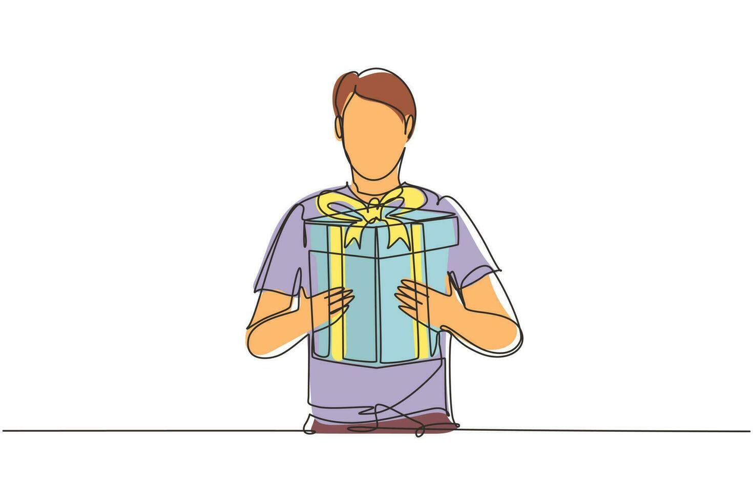 Single continuous line drawing man holding big ribbon bow wrapped gift box in his arms. Young male holding a gift. Guy with a gift box. Gift for the holiday. One line draw design vector illustration