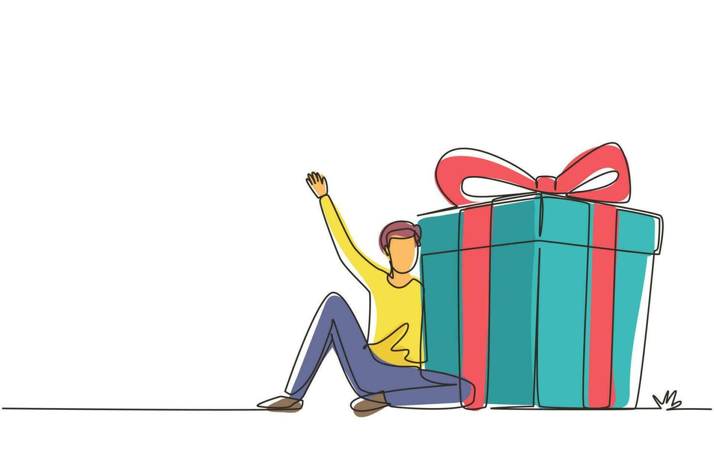 Single continuous line drawing loyalty program for regular clients. Businessman holds big gift box. Gift for holiday. Happy male sitting next to large gift. One line draw design vector illustration