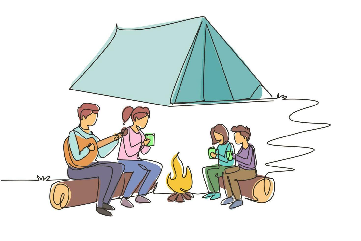 Continuous one line drawing cheerful family camping with bonfire at night. Drinking tea sitting on logs. Father playing guitar and sing song with children. Single line draw design vector illustration