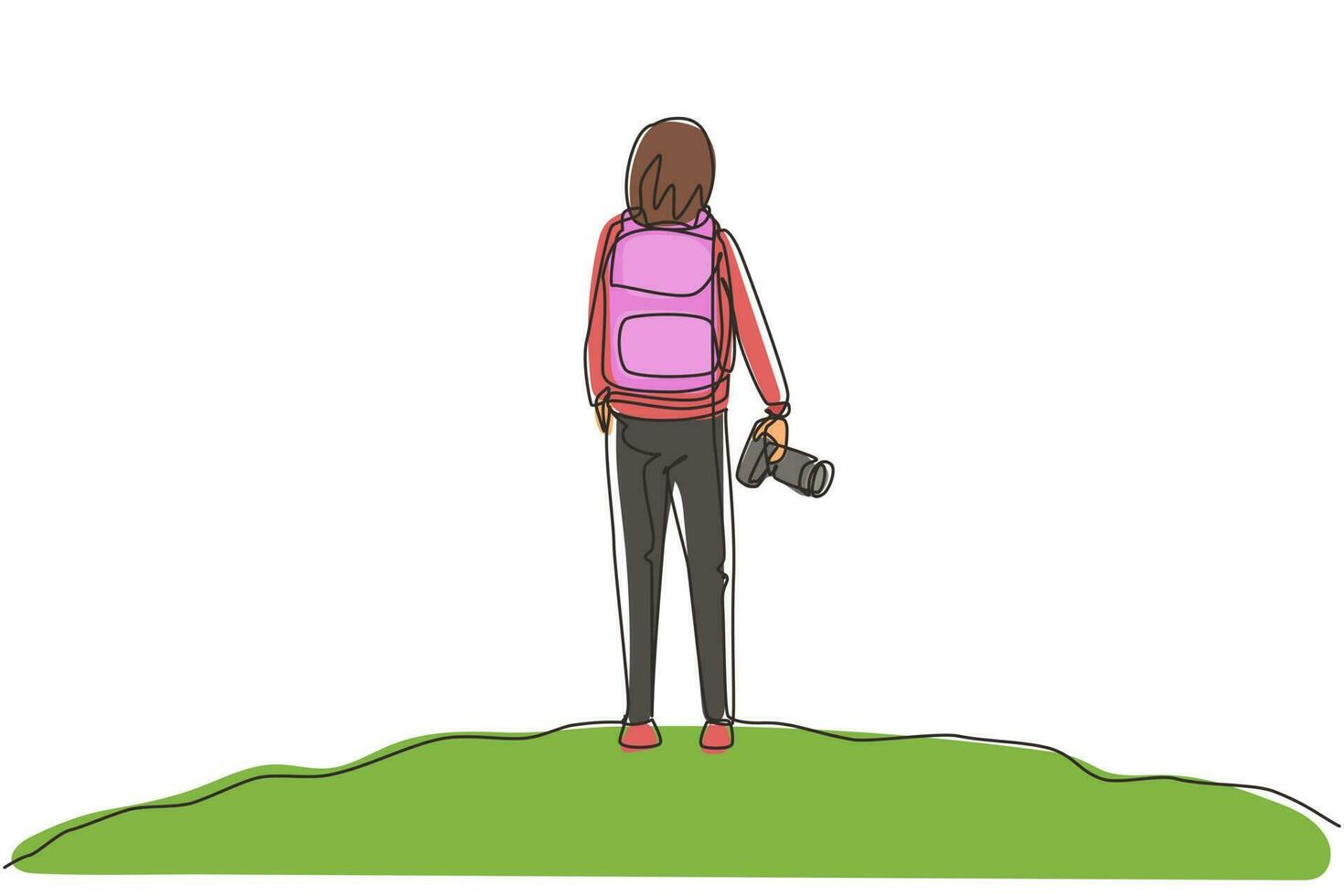 Single one line drawing back view woman holding camera standing on hill of mountain in forest landscape view with sunset. Young tourist photographer. Continuous line draw design vector illustration