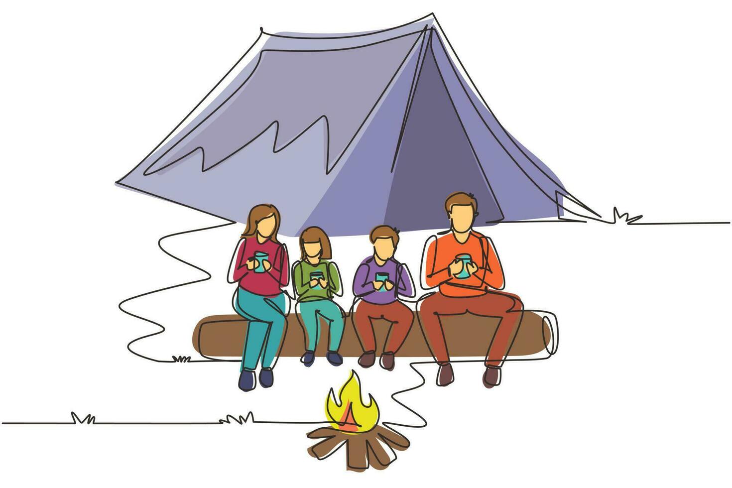 Single one line drawing active hiker family camping with campfire. Drinking hot tea sitting on logs in forest. Mom, dad, son and daughter. Family time. Continuous line draw design vector illustration
