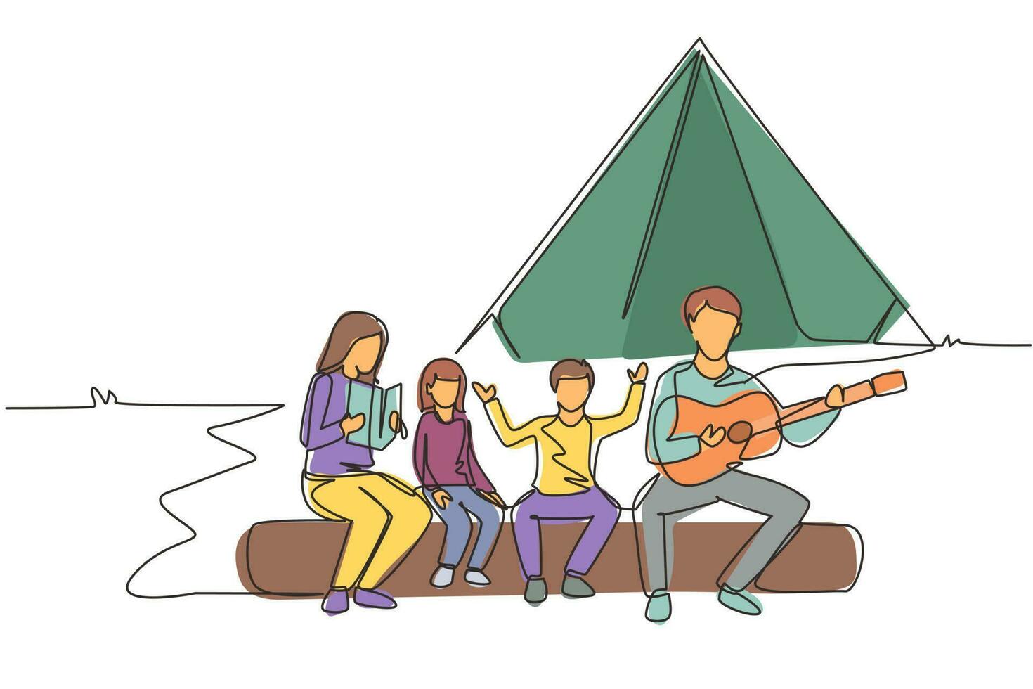 Single one line drawing family fun at summer camping spending time together. Dad playing guitar and sing with son. Mom reading story book with daughter. Continuous line draw design vector illustration