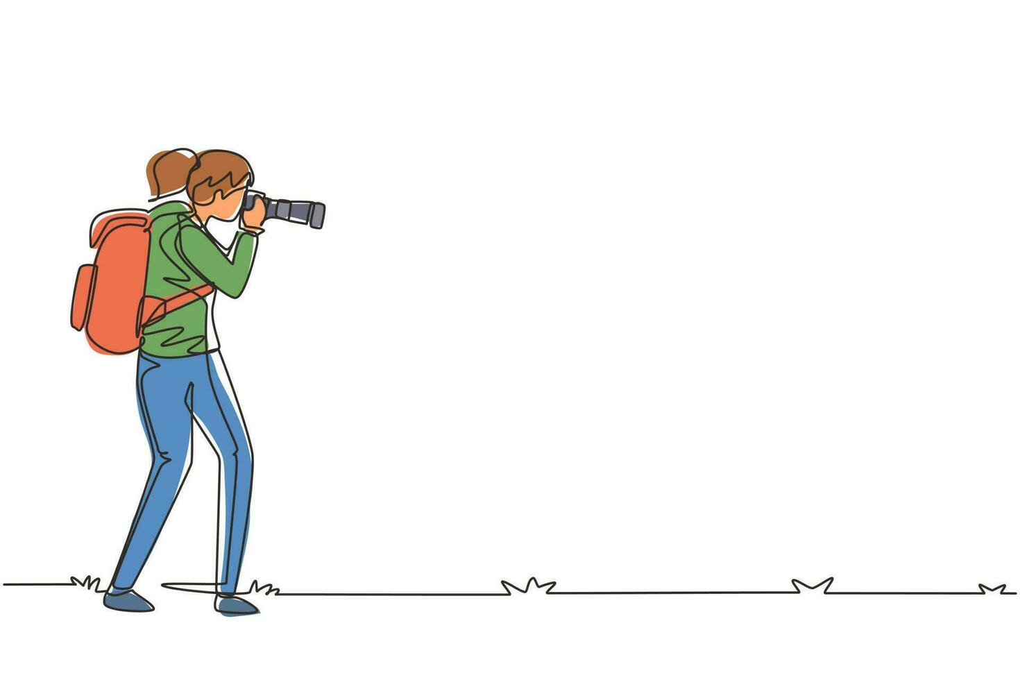 Single one line drawing female photographer standing and taking photo using camera, tourist with backpack. Photographer with her telephoto lens. Continuous line draw design graphic vector illustration