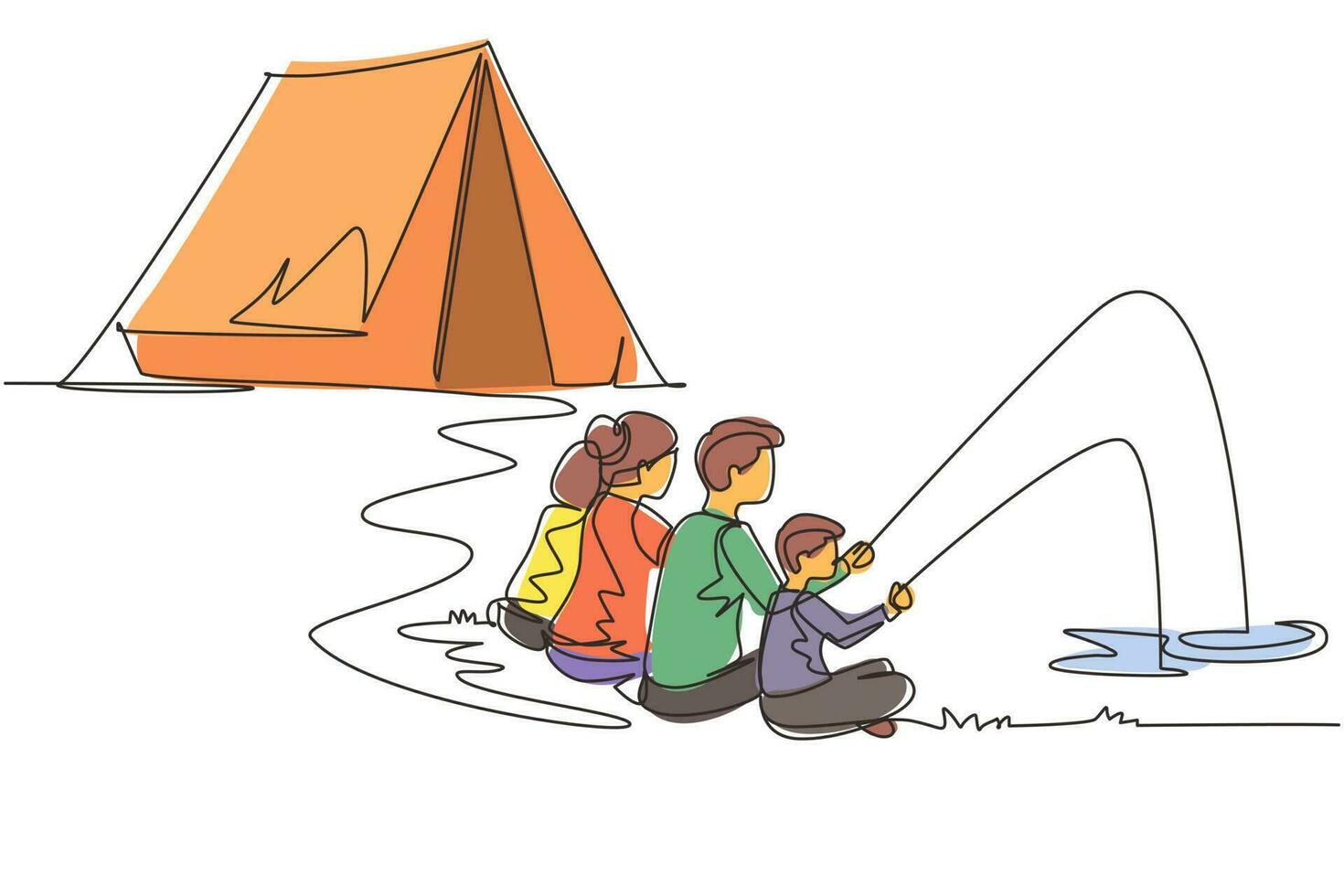Continuous one line drawing happy family camping. Man, woman, children, family hikers fishing with fishing rod. Summer camper vacation near river in forest. Single line draw design vector illustration
