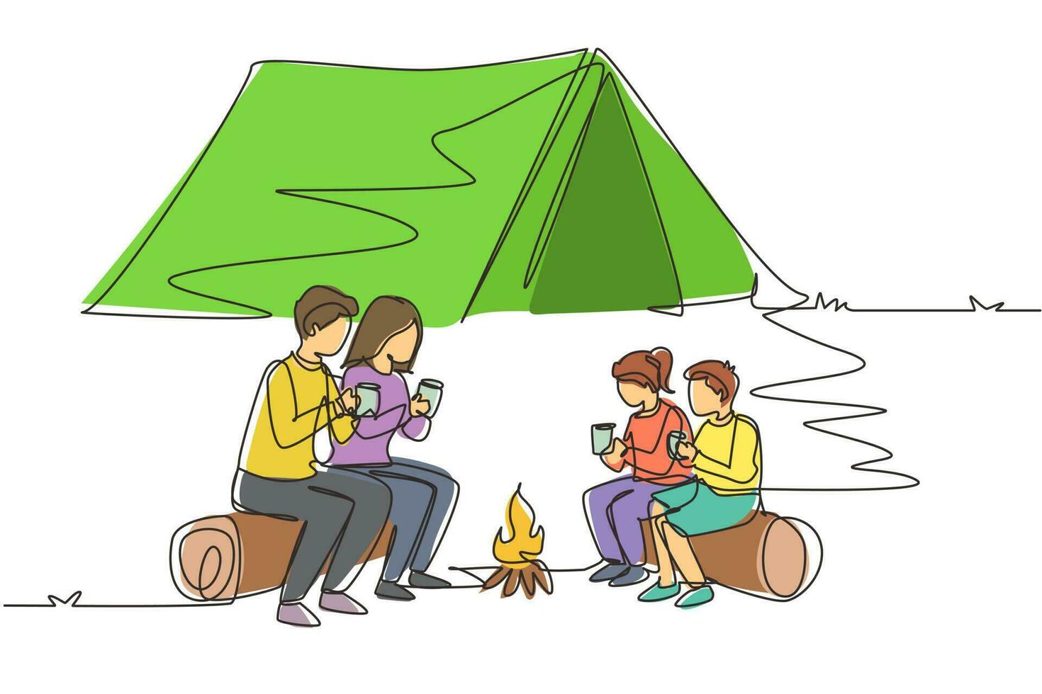 Single continuous line drawing happy family camping with campfire at night. Drinking tea sitting on logs in forest. Father, mother and children hiking concept. One line draw design vector illustration