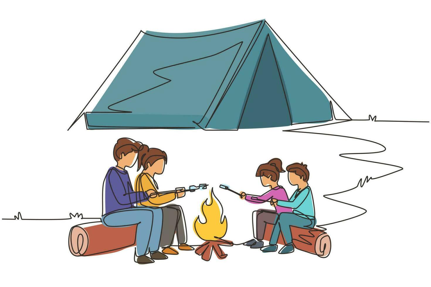 Single one line drawing happy family sit by campfire. Cheerful tourists, campers. Mom dad and kids roast marshmallows. Night camping adventure trip. Continuous line draw design vector illustration