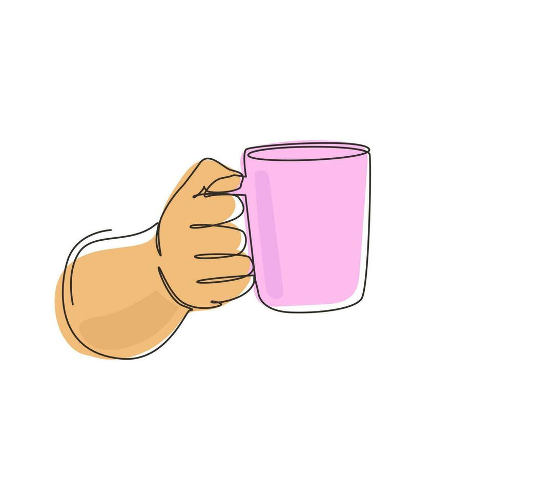 Continuous one line drawing hand holds a hot chocolate mug by the handle. Relax time in the morning. Human hand is holding a ceramic cup with coffee or tea. Single line draw design vector illustration