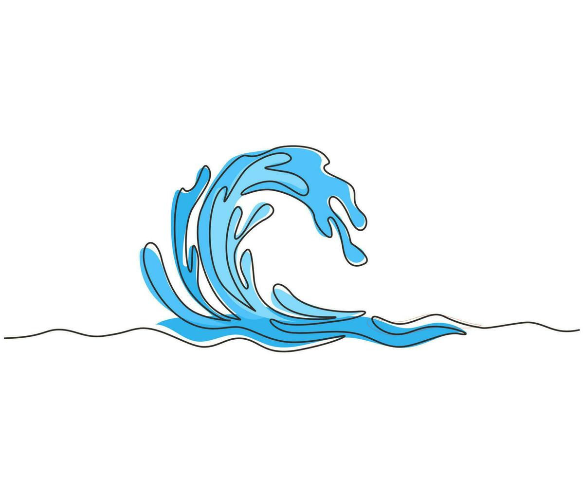 Continuous one line drawing water splashes wave twirl isolated surge blue sparks breaker. Wave curly shapes icon symbol on white background. Single line draw design vector graphic illustration