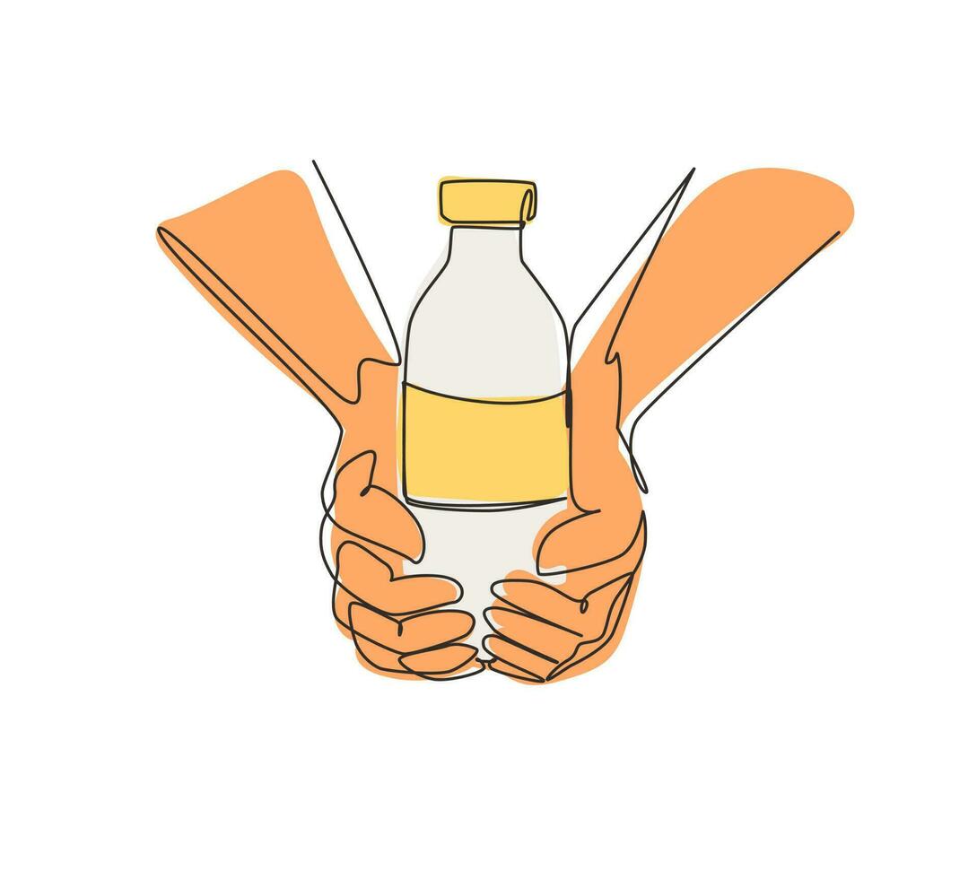 las manos de dibujo de una sola línea sostienen botellas de vidrio de leche sin lactosa a base de plantas, tiene una nutrición saludable. bebida alternativa no láctea. ilustración de vector gráfico de diseño de dibujo de línea continua moderna