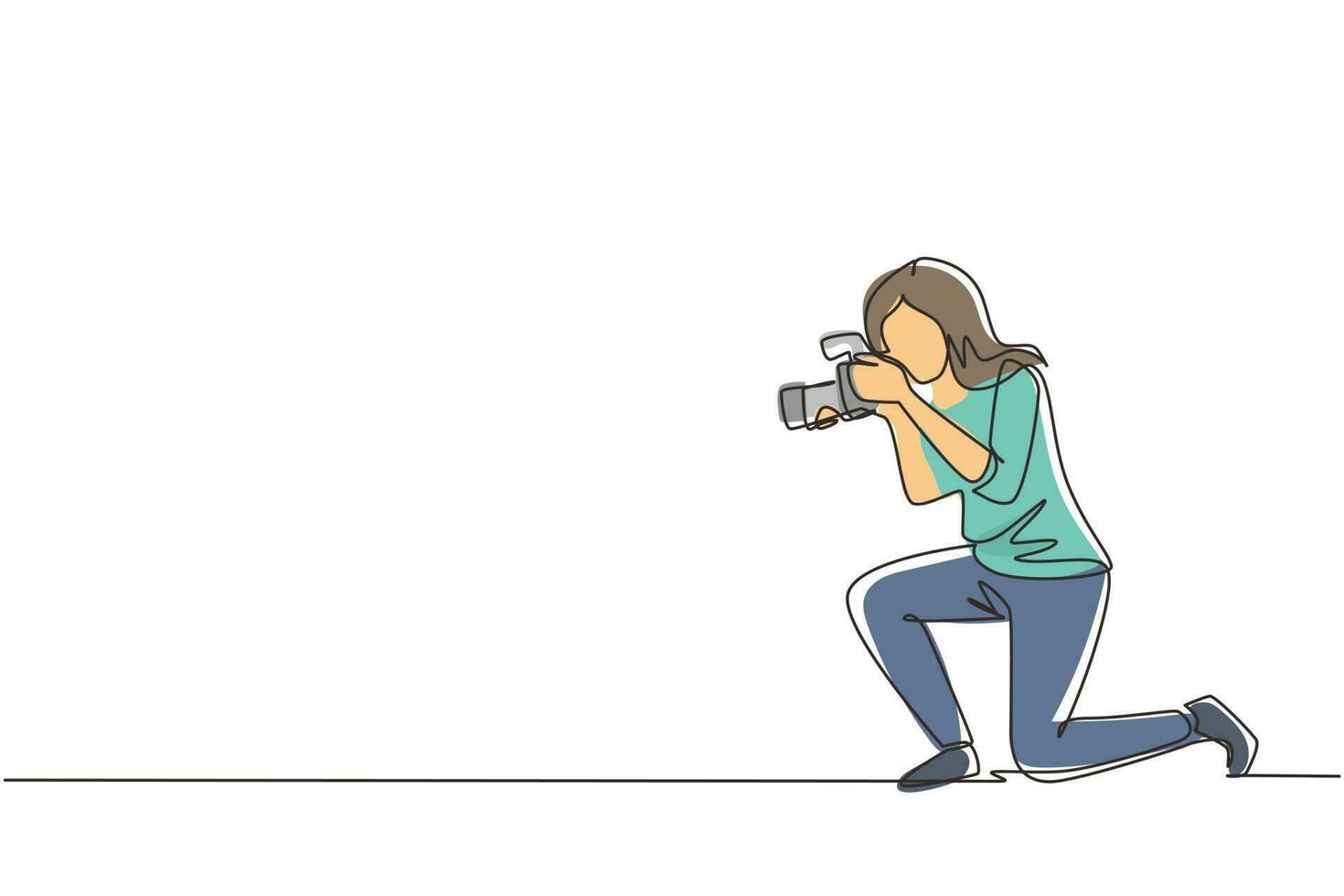 Single one line drawing photographer woman taking pictures. Photo equipment for journalist. Camera digital with high resolution. Studio photography. Continuous line draw design vector illustration
