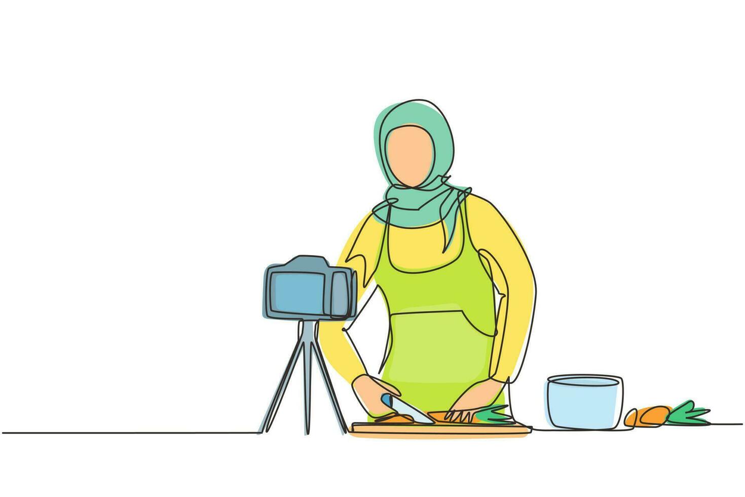 Continuous one line drawing food blogger. Chef cooking, recording video using camera. Online channel, streaming. Arab woman teaches cooking new recipe. Culinary show. Single line draw design vector