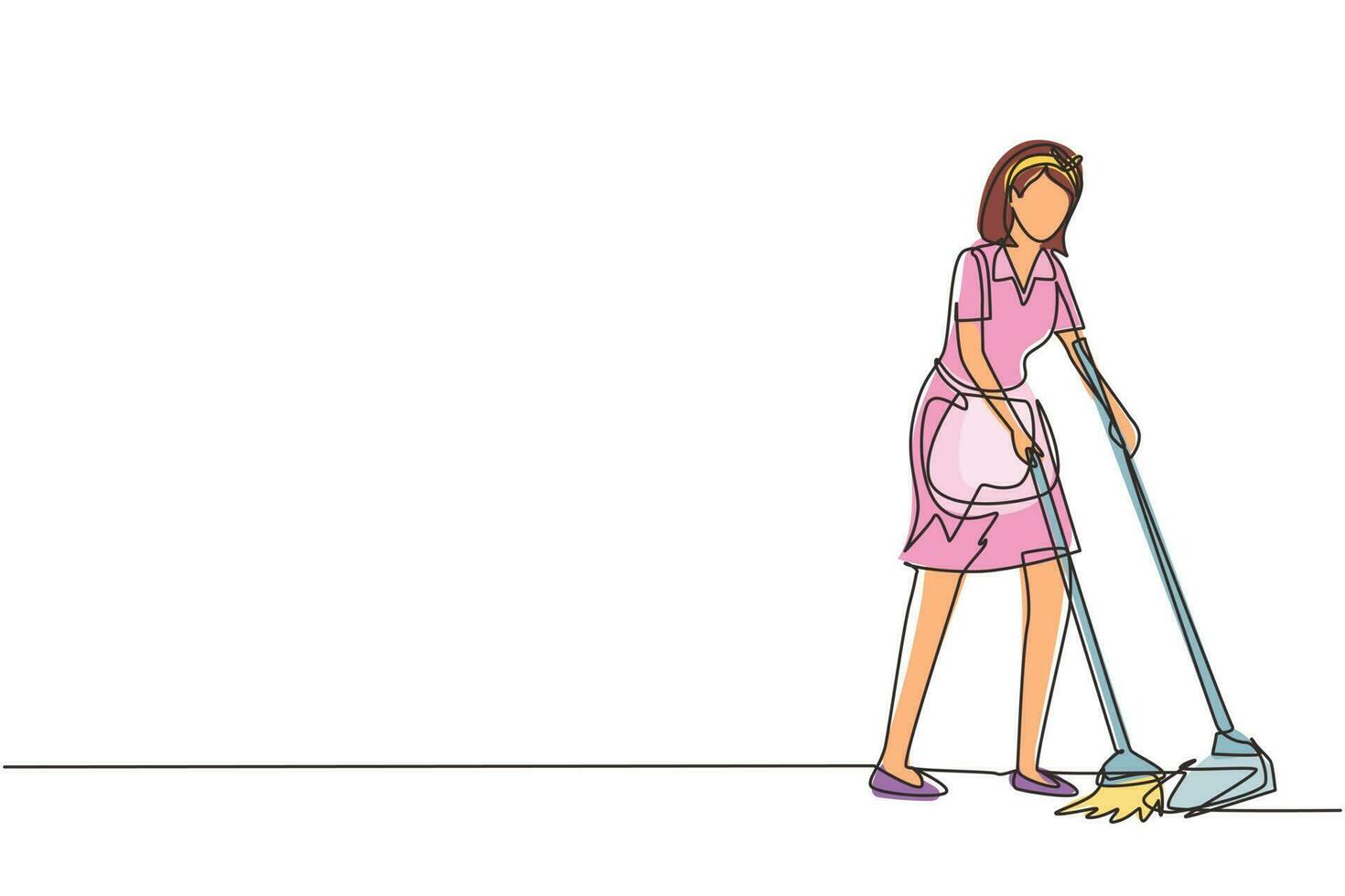 Continuous one line drawing housekeeping girl worker with broom, dustpan. Woman janitor, sweeping floor with broom, holding dustpan, professional cleaning. Single line draw design vector illustration