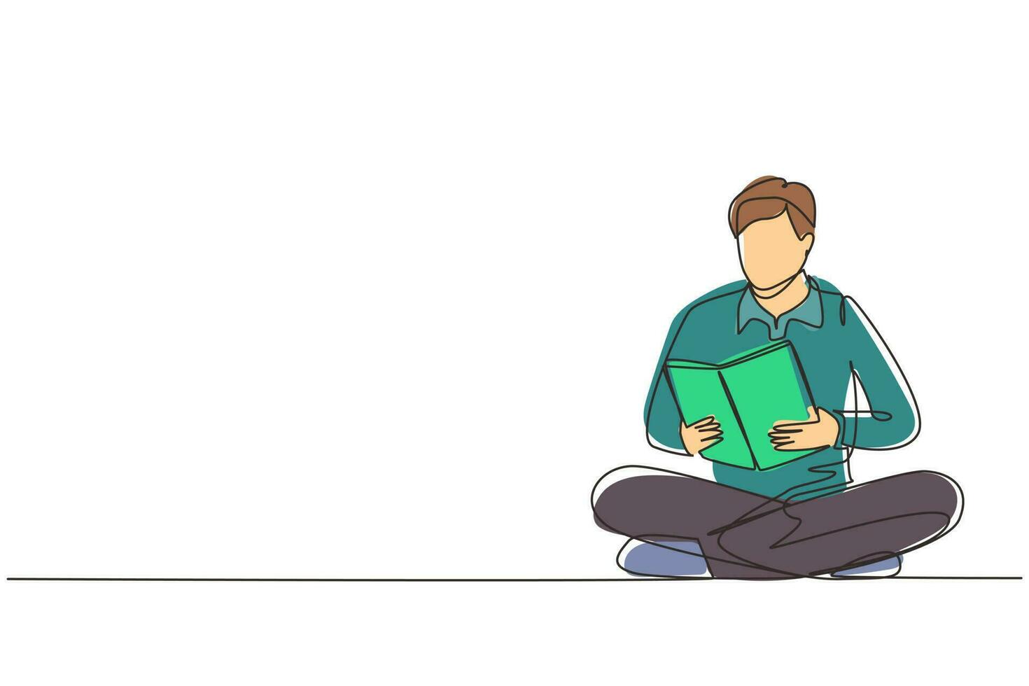 Continuous one line drawing man is sitting on floor reading book. Concept student is preparing for the exam, applicant is preparing for admission, book lover is reading. Single line draw design vector