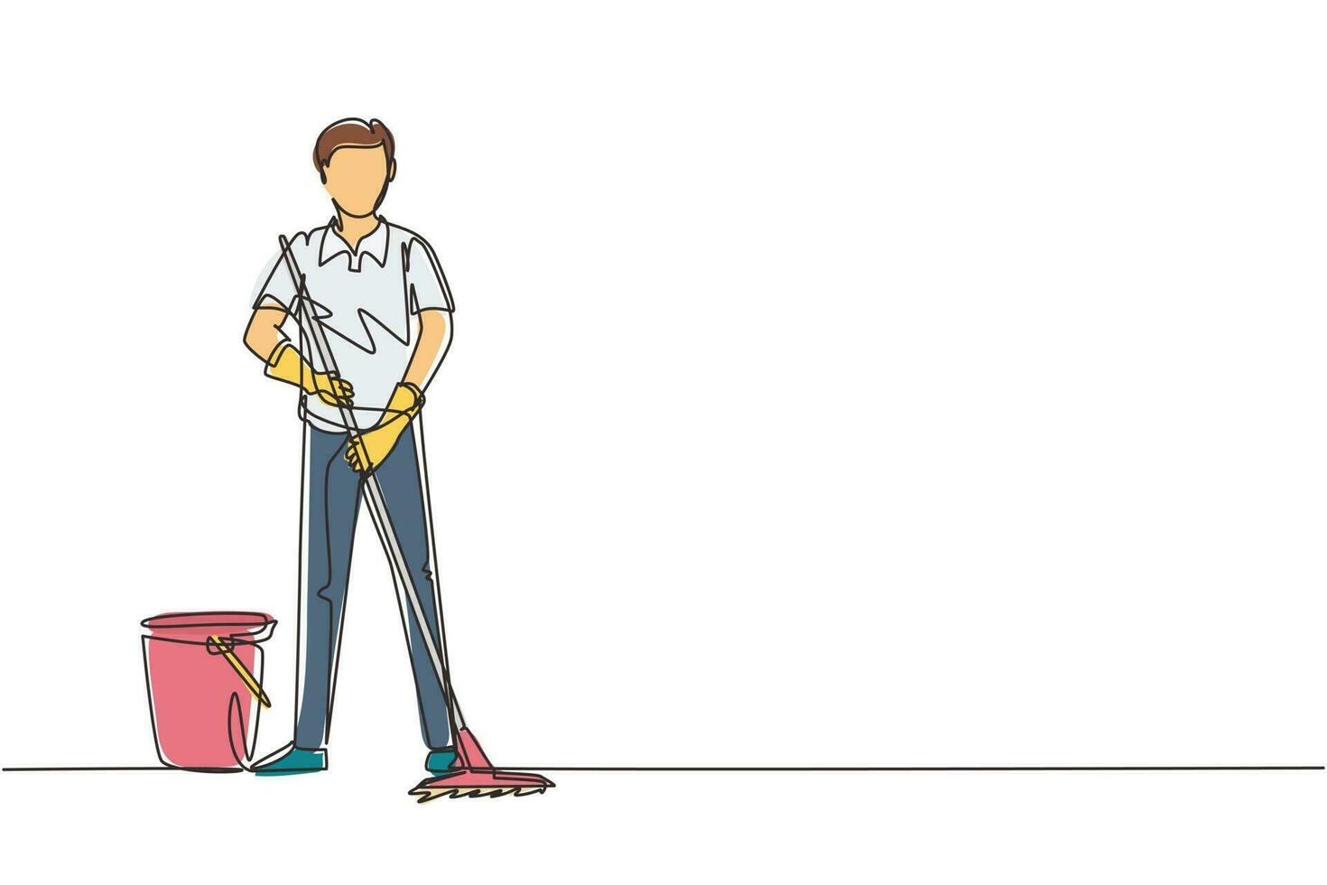 Single continuous line drawing cleaning company staff to work with the equipment. Man with buckets and mops. Domestic cleaner worker and cleaners equipment. One line draw design vector illustration