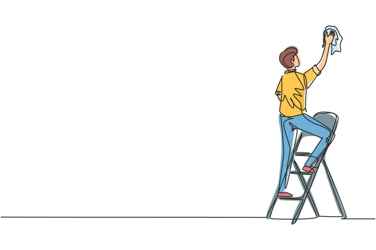 Single continuous line drawing window washer is cleaning window using a squeegee. Housekeeping service. Cleaner standing on ladder and washing with sponge. One line draw design vector illustration
