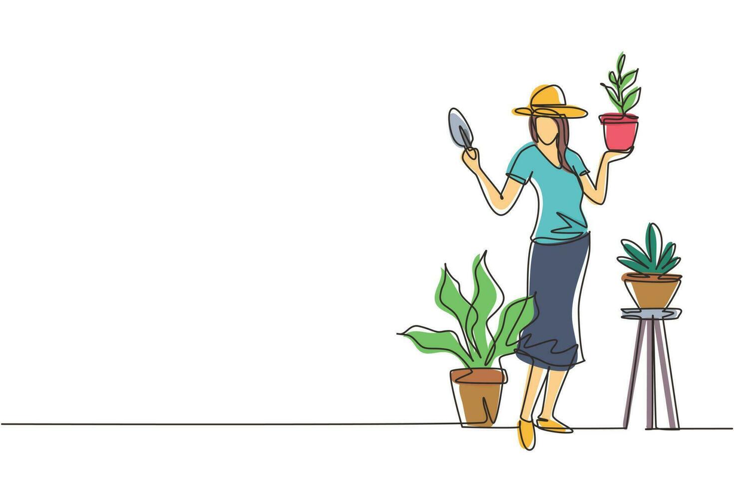 mujer jardinera de dibujo de una sola línea, florista trabajando en el jardín botánico, patio trasero de la casa, plantando flores, sosteniendo una pequeña pala. estante, planta en macetas. ilustración de vector de diseño de dibujo de línea continua