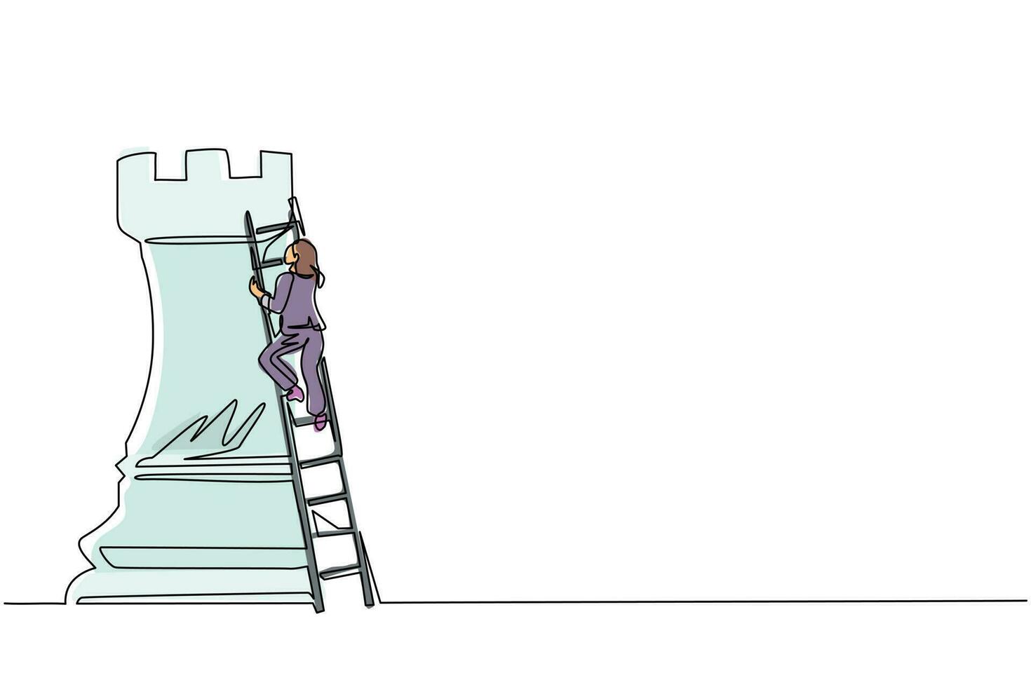 Continuous one line drawing businesswoman climb huge rook chess piece with ladder. Business strategy and marketing plan. Strategic move in business concept. Single line draw design vector illustration
