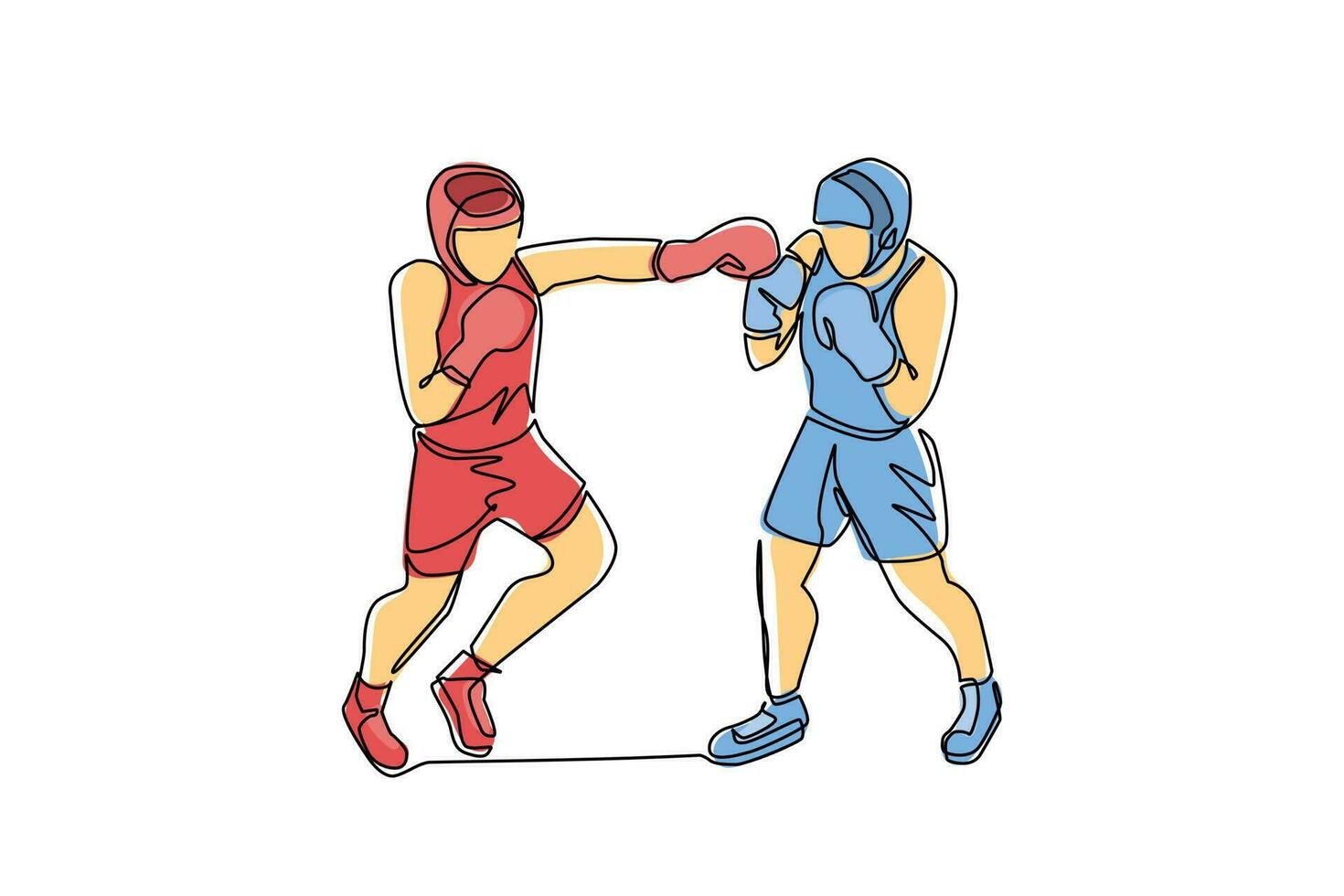 Continuous one line drawing boxers fighting on ring, opponents in shorts and gloves fight on arena with spotlights and ropes. Competition. Dangerous sport. Single line draw design vector illustration