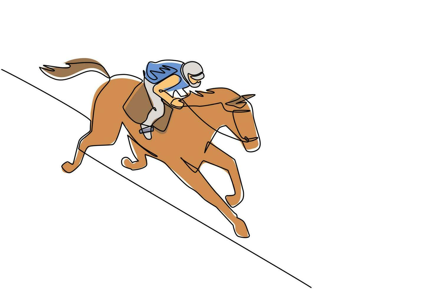 Single continuous line drawing young jockey on horse. Racing horse with jockey. Champion. Horse riding. Equestrian sport. Jockey riding jumping horse. One line draw graphic design vector illustration