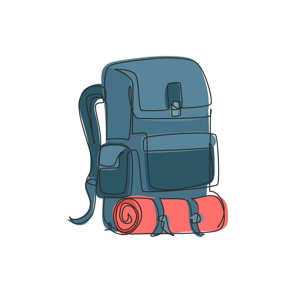 Single continuous line drawing camping backpack for hiking, travel and tourism isolated on white background. Backpack for camp gears, mats, sleeping bags. One line draw design vector illustration