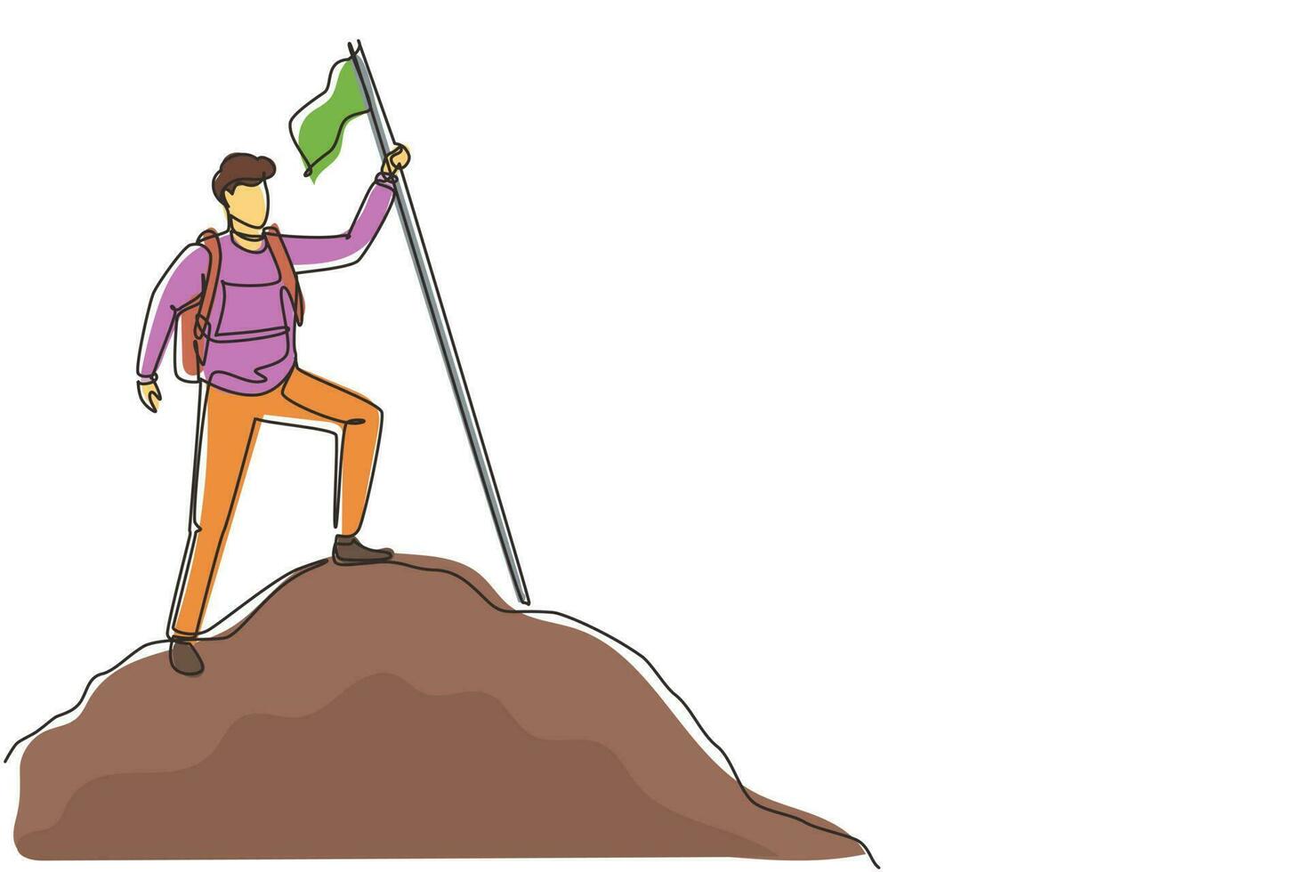 Single continuous line drawing backpacker, hiker, man traveller or explorer standing, holding flag and looking at nature. Hiking, backpacking, adventure tourism and travel. One line draw design vector