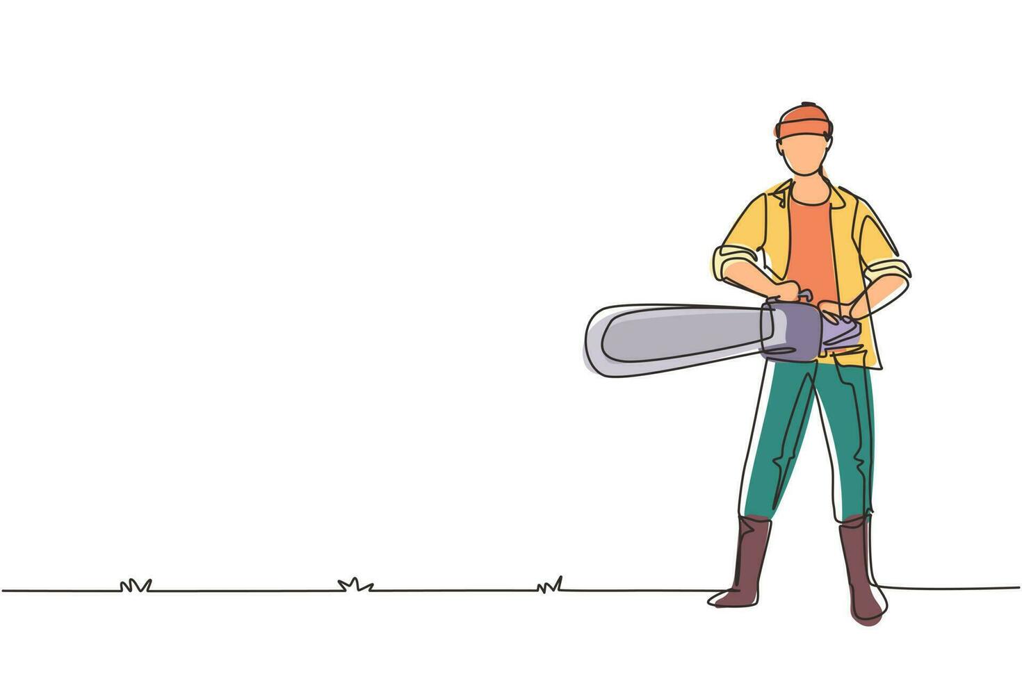 Continuous one line drawing worker using the chainsaw. Wearing suspender shirt, jeans and boots. Professional lumberjack pose cutting tree by chainsaw. Single line draw design vector illustration