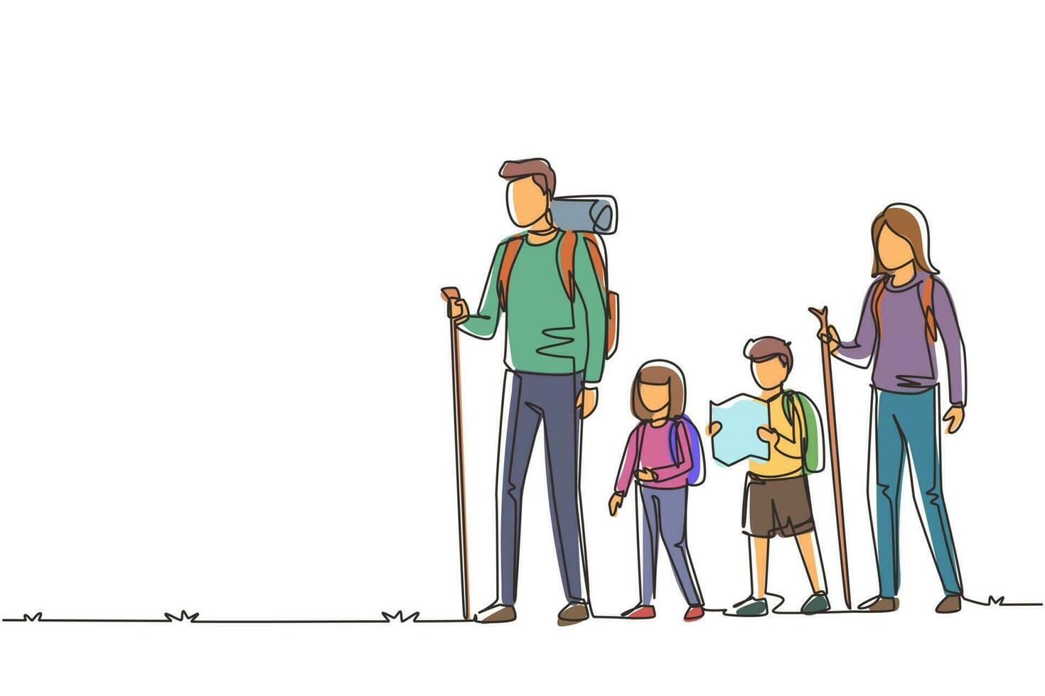 la familia de dibujo de una sola línea continua va a acampar. padres jóvenes y sus hijos, niños y niñas de excursión, con mochilas, mapas, esteras, brújula. familia, concepto de ocio. vector de diseño de dibujo de una línea