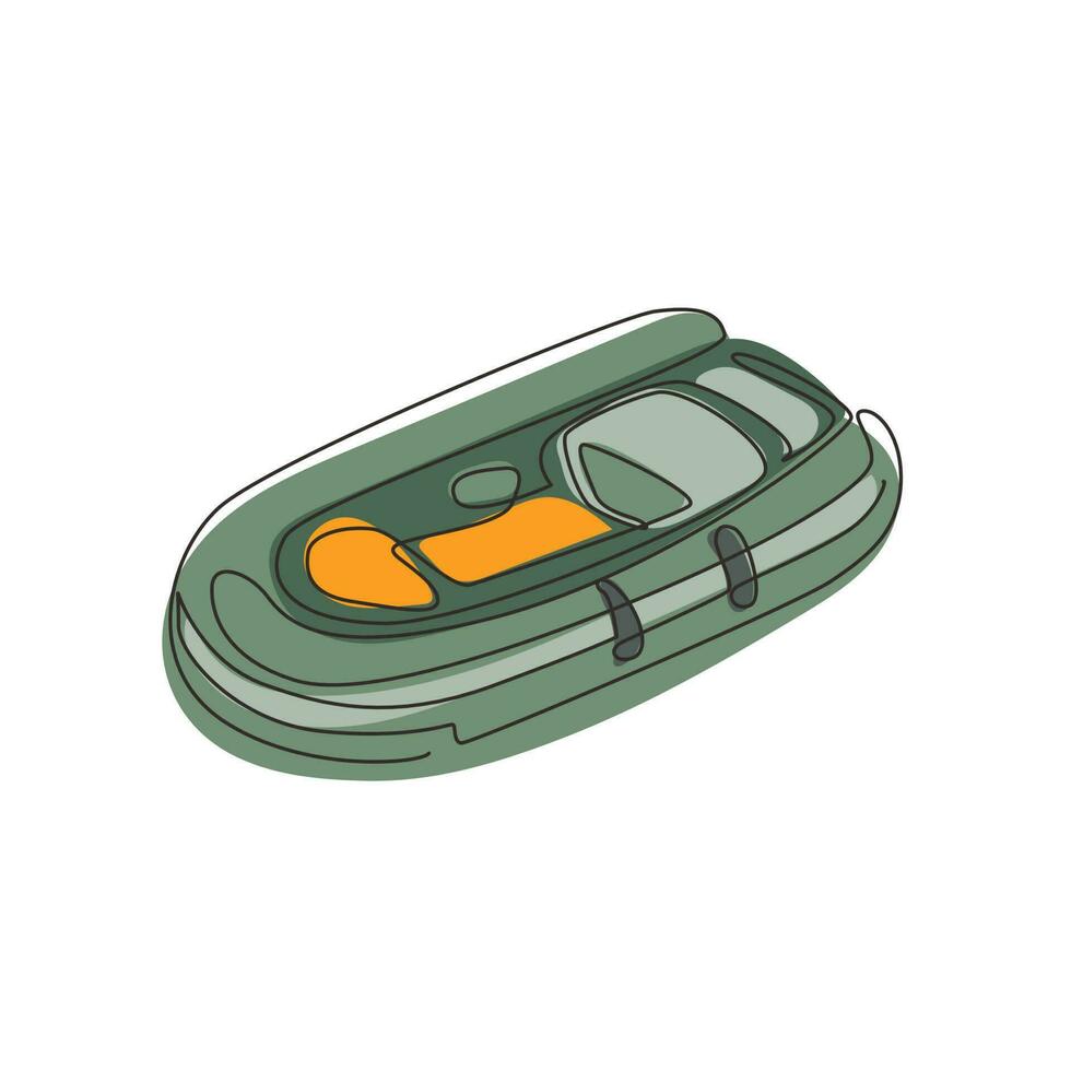 Continuous one line drawing inflatable boat. Rubber boat blowing by air. Summer joy equipment for relaxing, leisure summer time. Water sport kit. Lifeguard rescue tool. Single line draw design vector