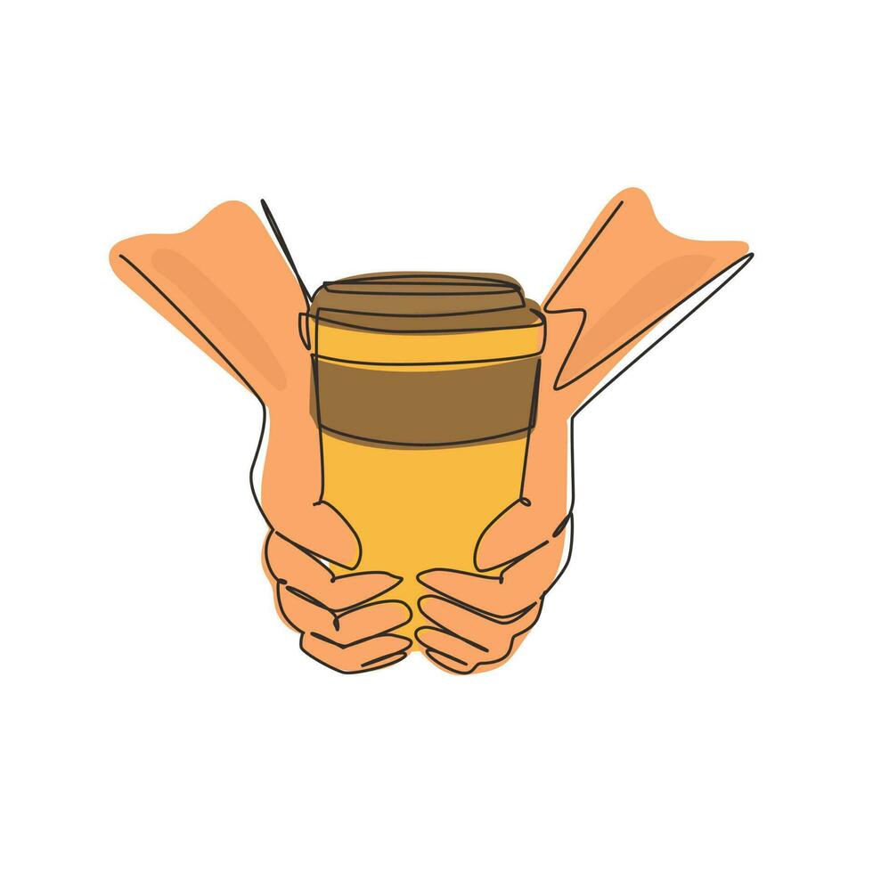 Single one line drawing take away retro illustration of vintage stylized human hands hold paper cup of hot coffee. Coffee break refreshment from work. Modern continuous line draw design graphic vector