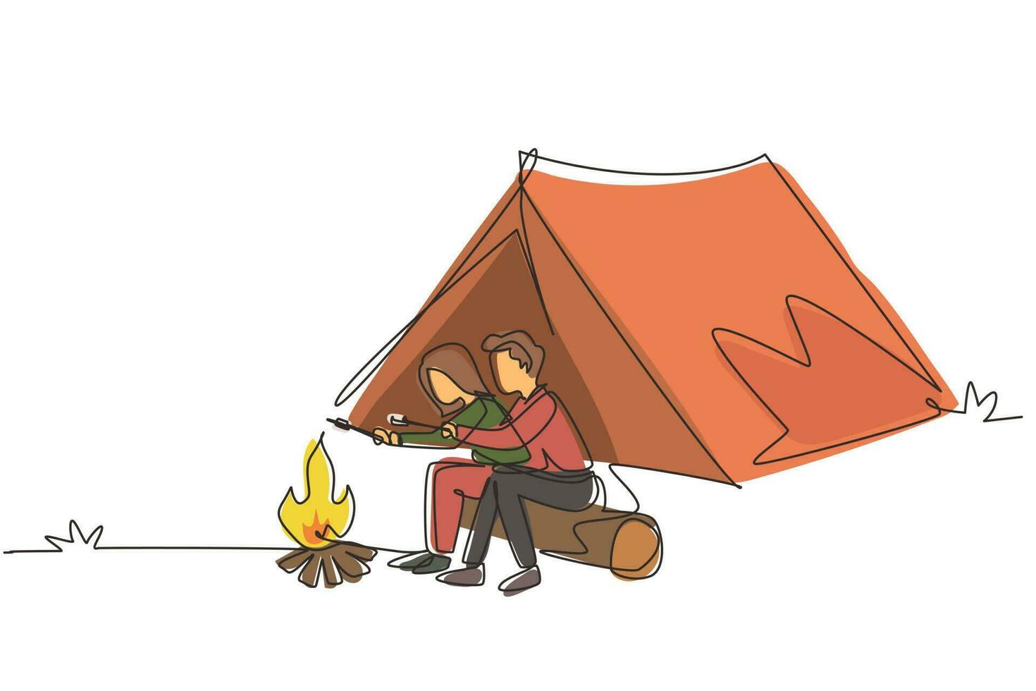 Single one line drawing happy romantic couple summer camp. Man woman sitting by fireplace on log. Bonfire with marshmallow. Outdoor vacation in forest. Continuous line draw design vector illustration