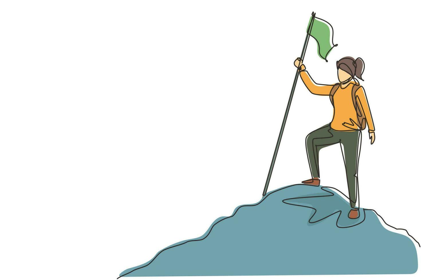 Single one line drawing woman climber standing on top of mountain with flag. Young smiling mountaineer climbing on rock. Adventure tourism trip. Continuous line draw design graphic vector illustration