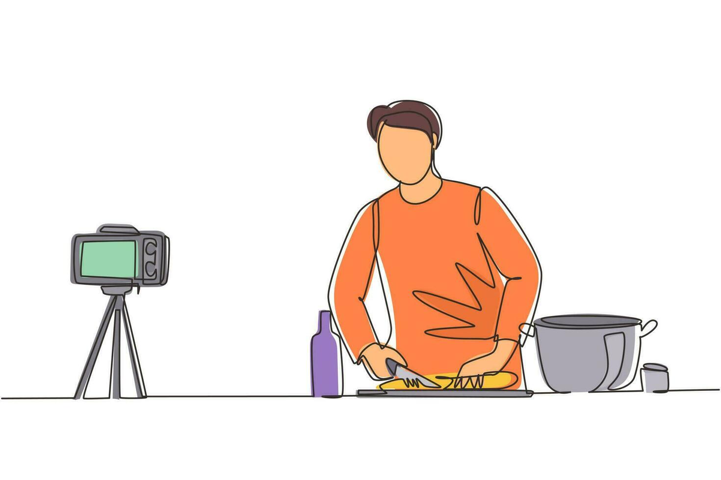 chef de dibujo de una sola línea en uniforme parado en la cocina y cortando cebolla mientras se filma para el blog. en el mostrador de la cocina hay verduras, especias. ilustración de vector de diseño de dibujo de línea continua