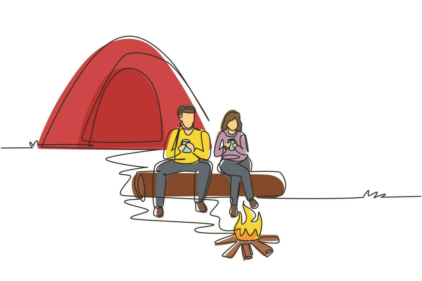 una sola línea continua dibujando una pareja de excursionistas sentados en un tronco de madera cerca de una fogata en el bosque. hombre mujer bebiendo té caliente, café, equipo de camping y mochila. ilustración de vector de diseño de dibujo de una línea