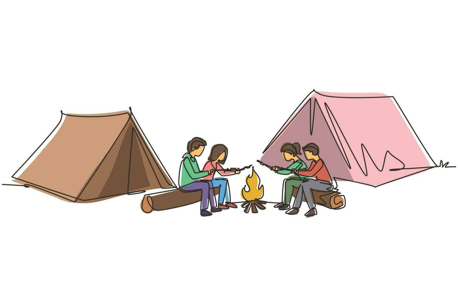 Single continuous line drawing friends sit on logs by campfire. Young tourists, campers in forest. Students roast marshmallows. Night camping entertainment. One line draw design vector illustration