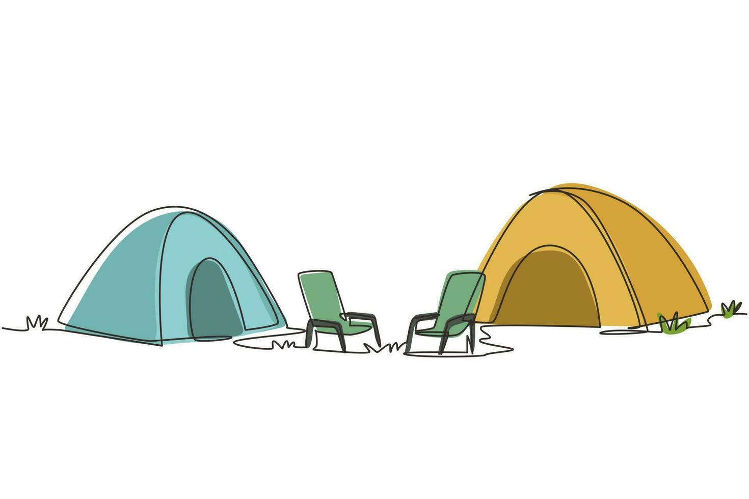 Single one line drawing camping landscape in campsite ground. Pair of tents with two chair in forest on grass. Summer camping on nature. Eco tourism. Continuous line draw design vector illustration