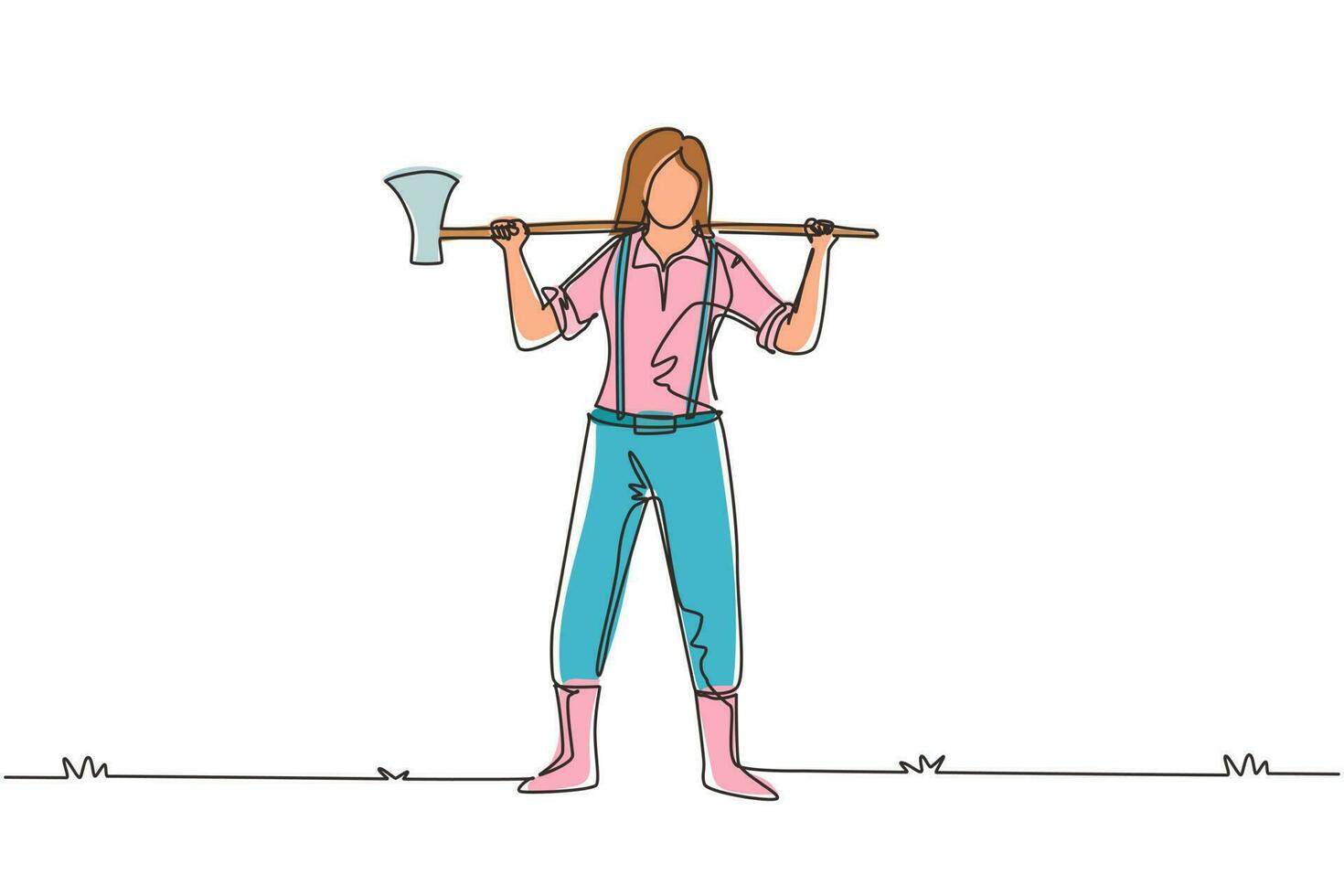 Single continuous line drawing pretty woman lumberjack in plaid shirt, jeans with belt, leather boots holding on her shoulder a ax with long wooden handle. One line draw design vector illustration