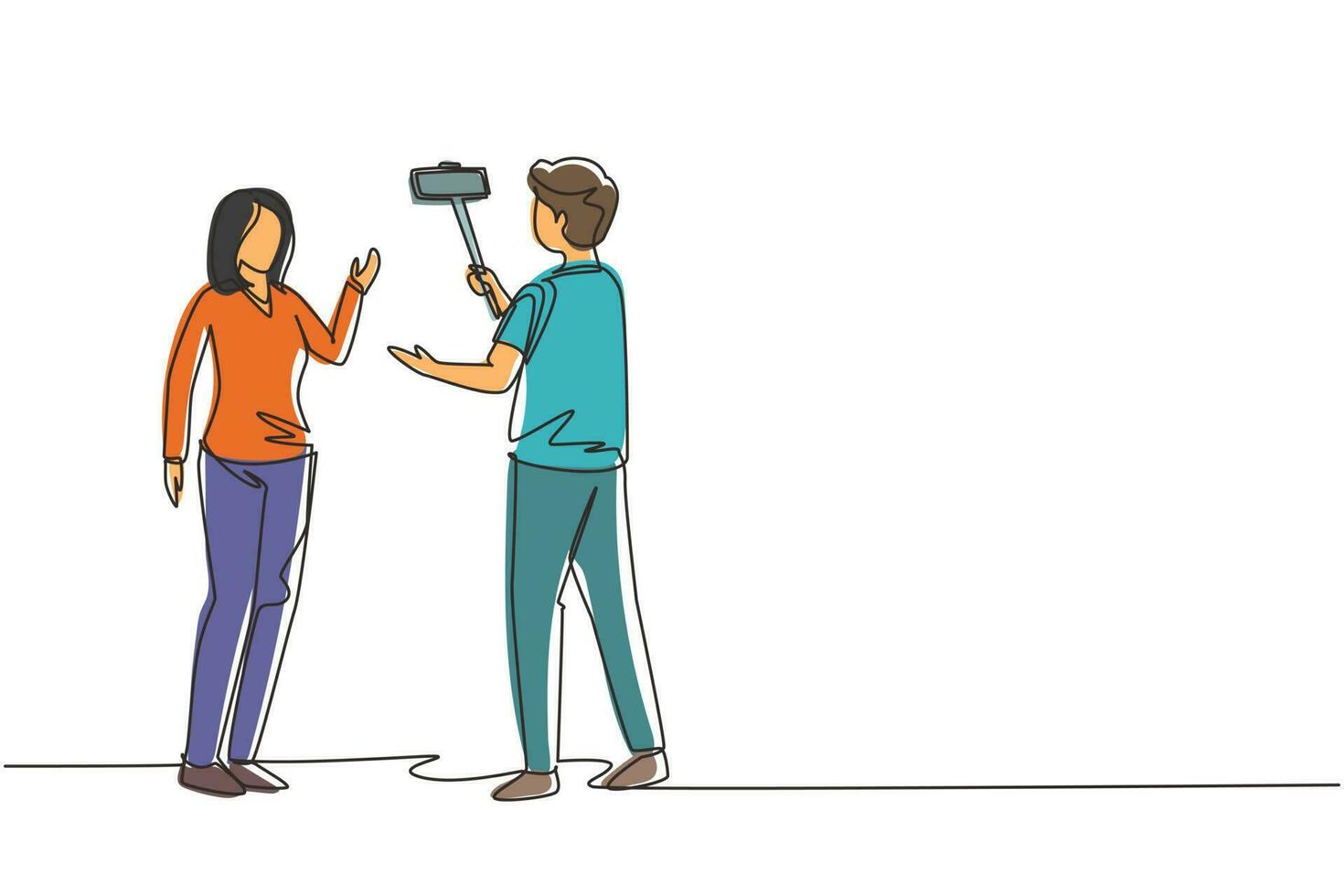Single continuous line drawing girl makes video blog with cameraman on the street. Young woman blogger, journalist filming with smartphone and videographer. One line draw design vector illustration