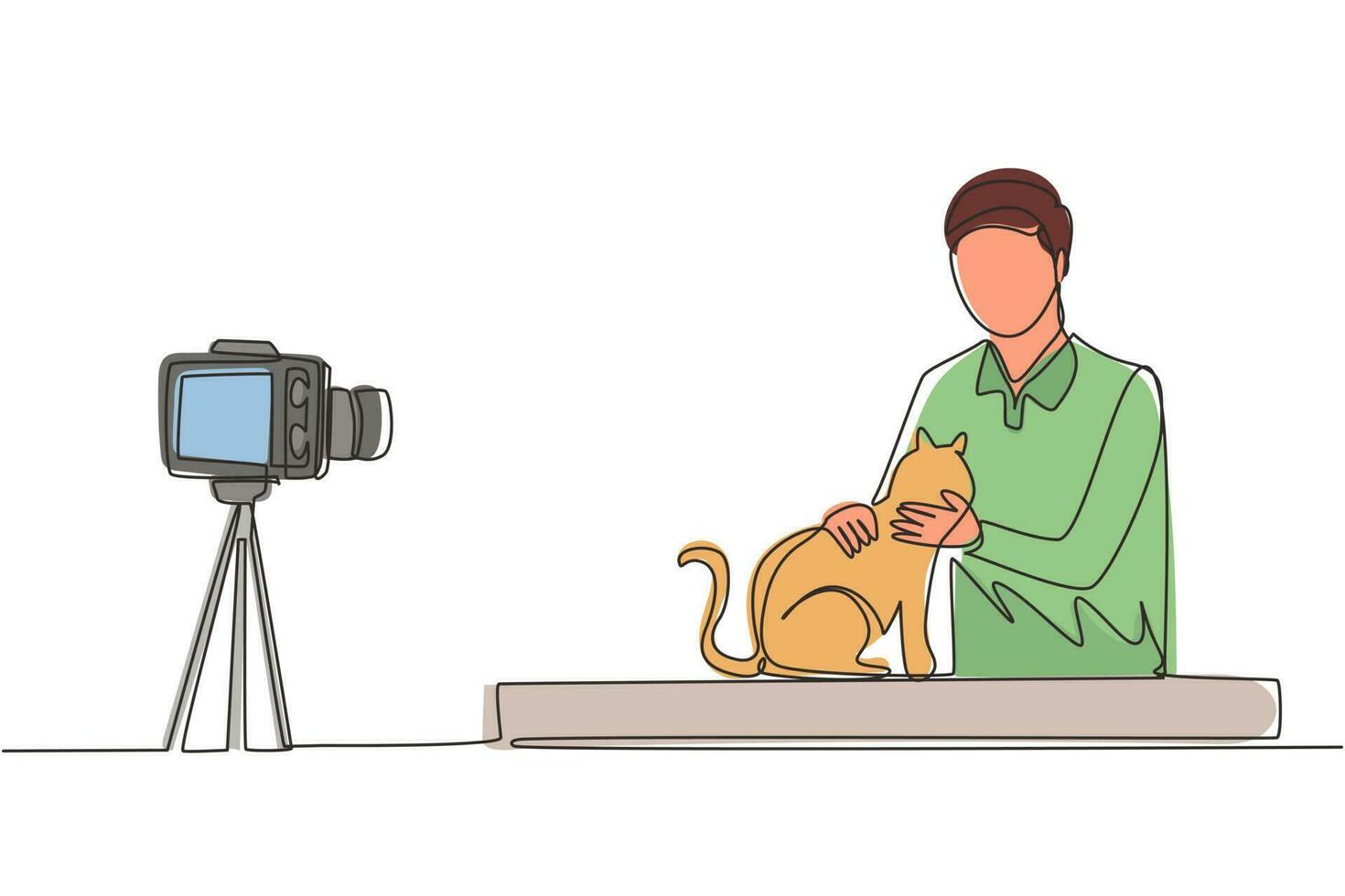 Single one line drawing teenage pet blogger. Teen boy with cat recording video on camera. Hobbies and leisure, blogging about pet, animal lover. Continuous line draw design graphic vector illustration