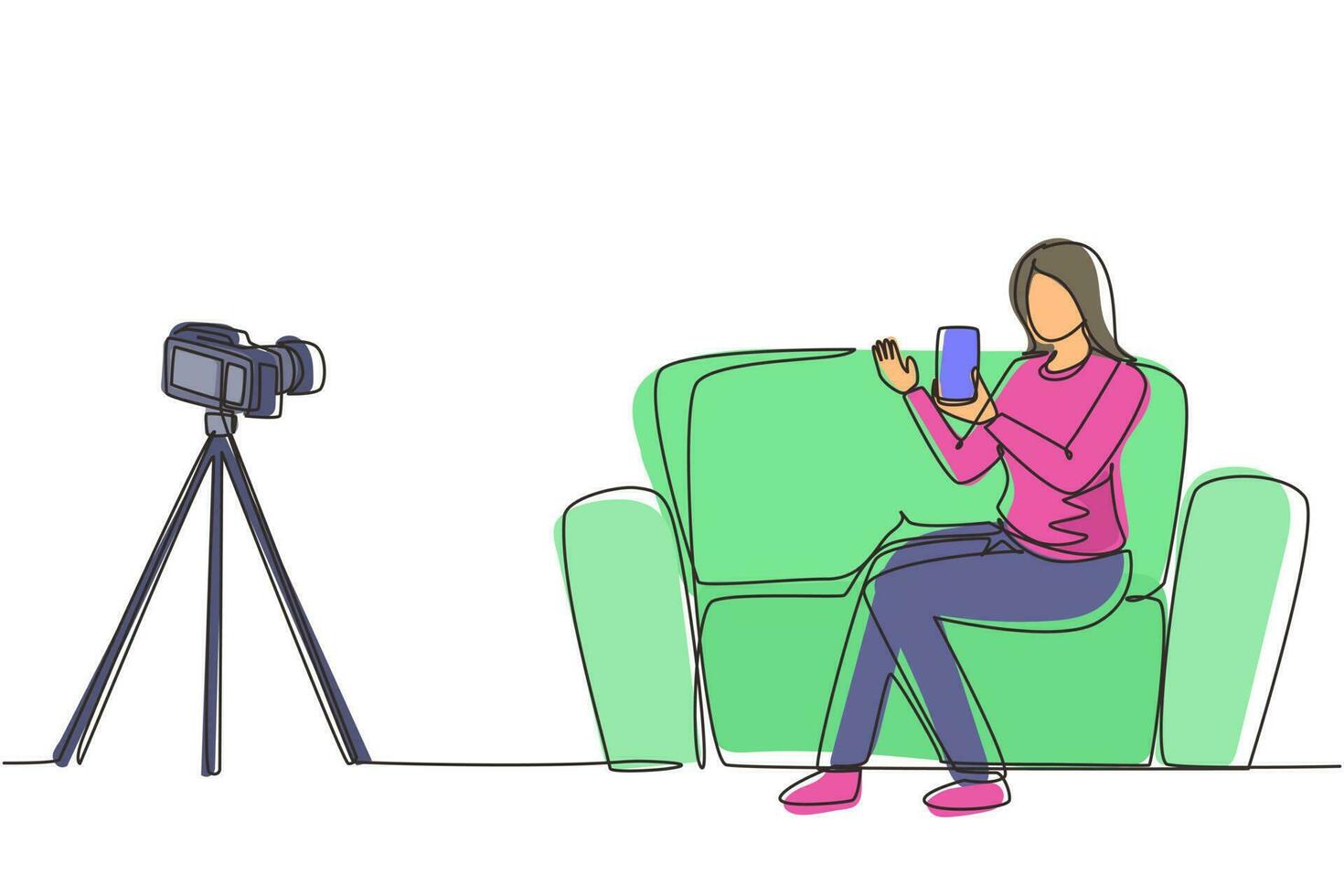 Single one line drawing female influencer filming video review smartphone on dslr camera at home. Blogger advertising tech product, streaming live. Continuous line draw design vector illustration