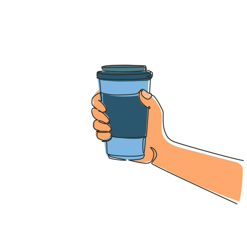 Single one line drawing hands in side view hold paper to go take away coffee or tea cups. Hand holding reusable mug of hot coffee. Zero waste. Continuous line draw design graphic vector illustration