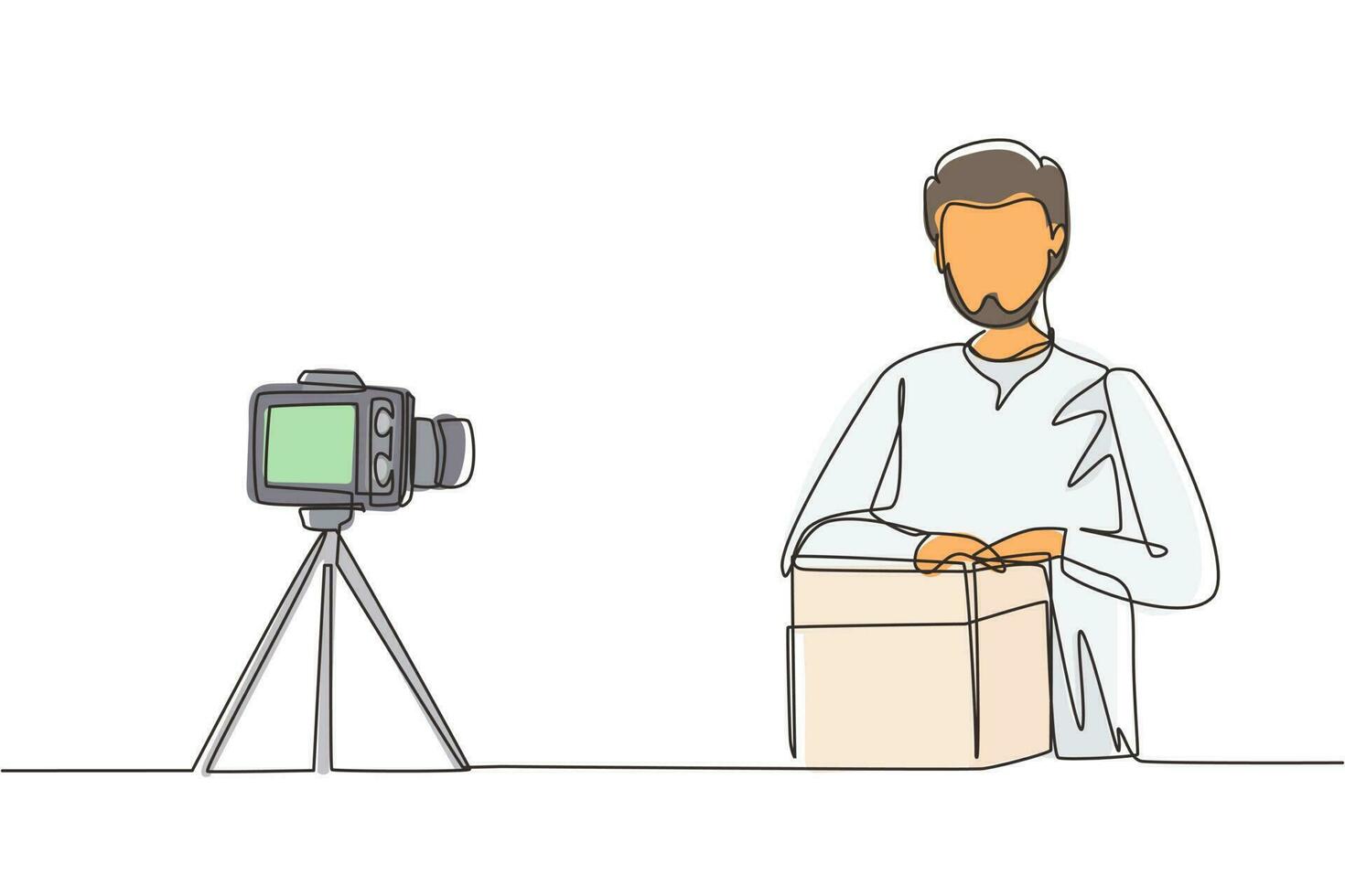 Single one line drawing Arab male vlogger unboxing, review product live on youtube in studio. Social media influencer recording unboxing video at home. Continuous line draw design vector illustration