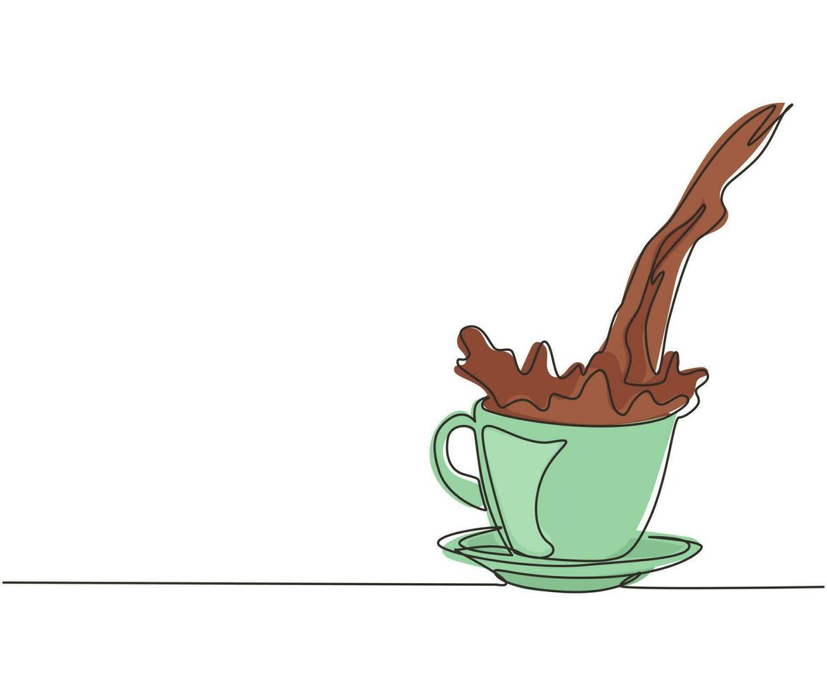 dibujo continuo de una línea vertiendo una taza de café negro creando salpicaduras. café derramándose de la taza. vierta el café en un vaso de porcelana con una taza de vapor. ilustración de vector de diseño de dibujo de una sola línea