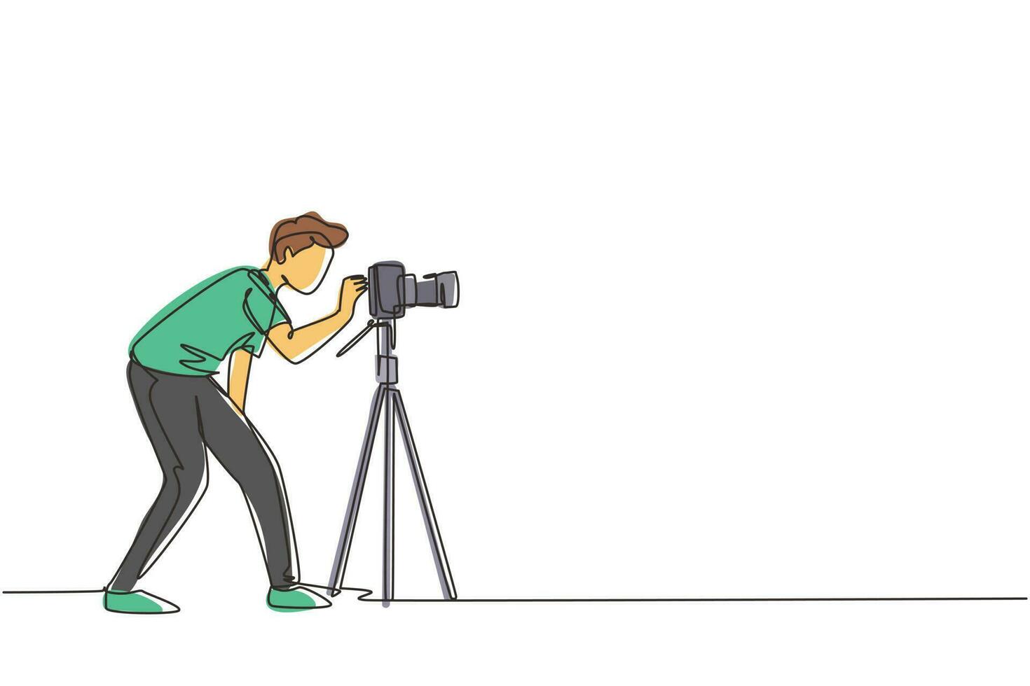 Continuous one line drawing super equipment photographer, Man holding, aiming cameras with standing tripod, Carrying accessories for photographing. Single line draw design vector graphic illustration