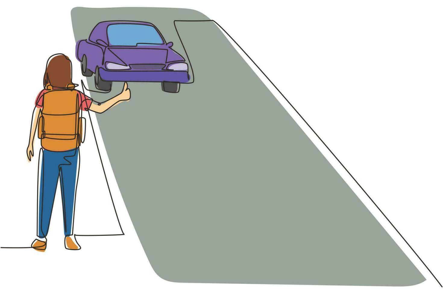 mujer de dibujo de una sola línea con mochila viajando en parada automática. coche, pulgar arriba, carretera. concepto de vacaciones y viaje para banner, sitio web. ilustración de vector gráfico de diseño de dibujo de línea continua moderna