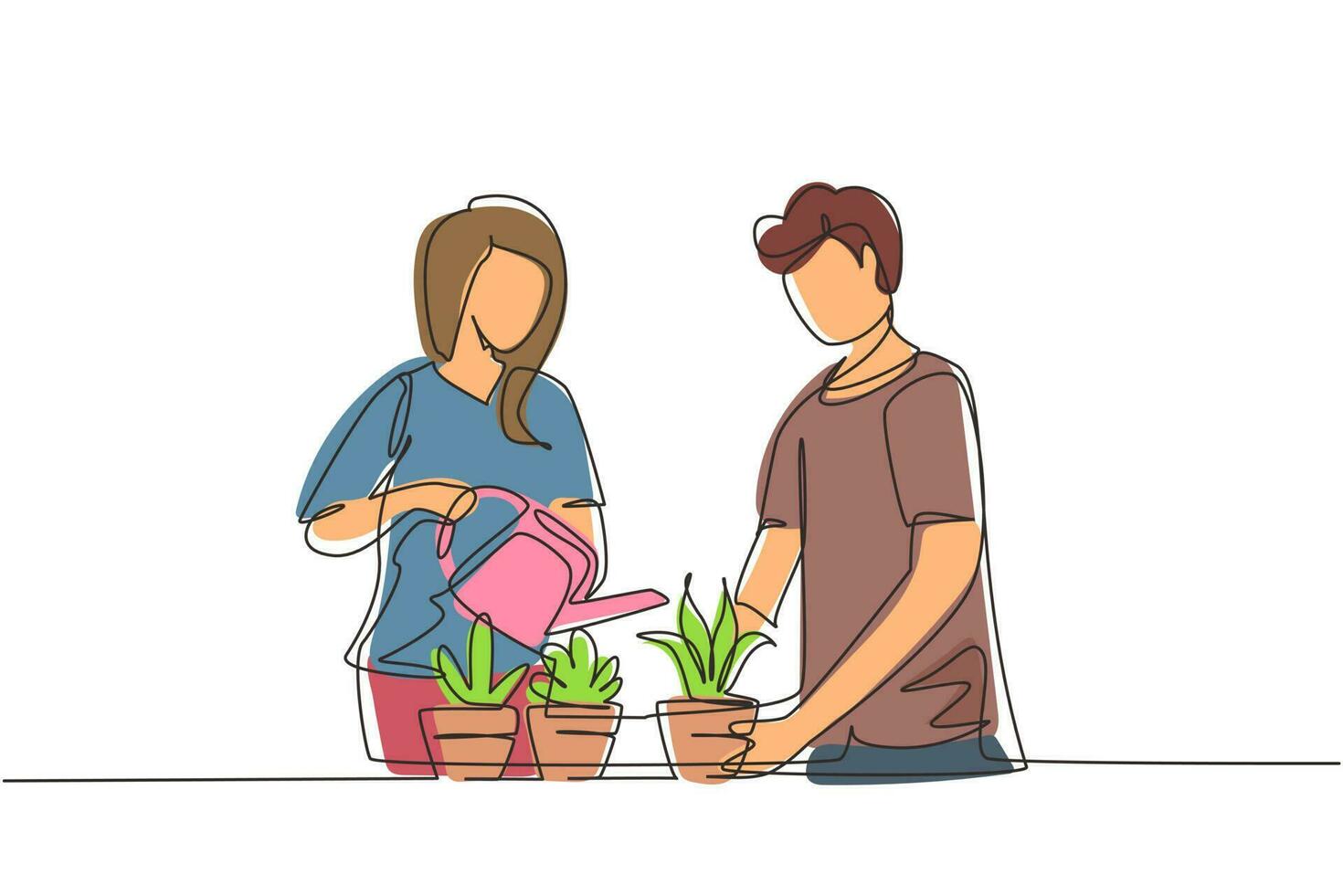 Continuous one line drawing man woman spraying and water flowers on shelf with watering can. Happy couple take care of home plants, flowers in pots enjoying gardening. Single line draw design vector