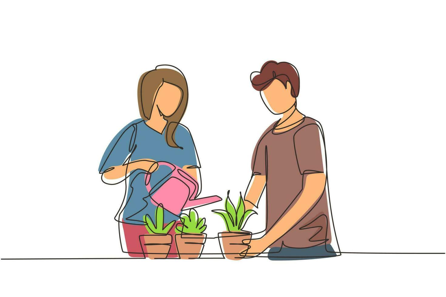 dibujo continuo de una línea hombre mujer rociando y flores de agua en el estante con regadera. una pareja feliz cuida las plantas caseras, flores en macetas disfrutando de la jardinería. vector de diseño de dibujo de una sola línea